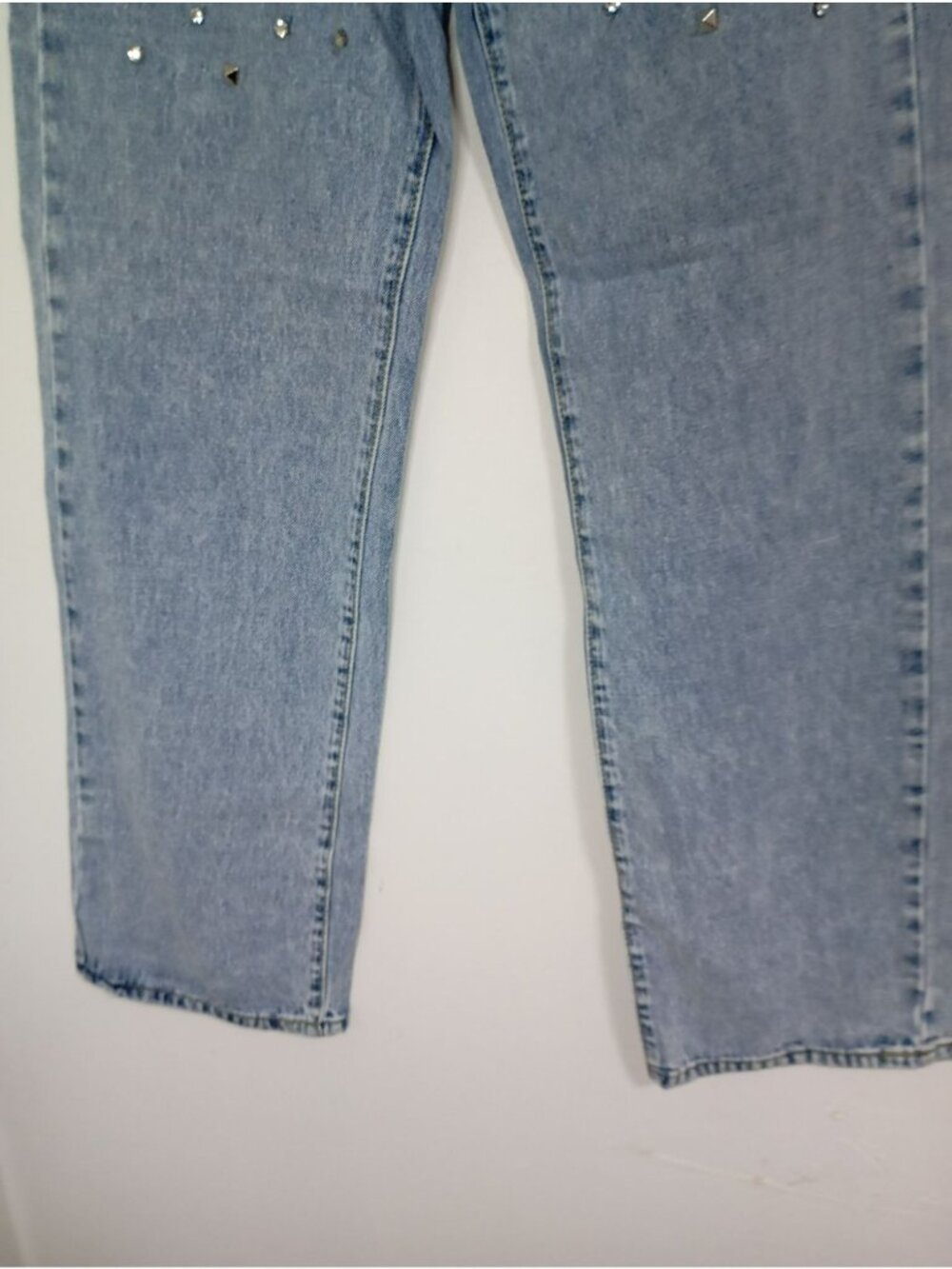 Studded Denim Jeans Rhinestone Details Size M High-Waisted Straight Leg - Picture 10 of 16